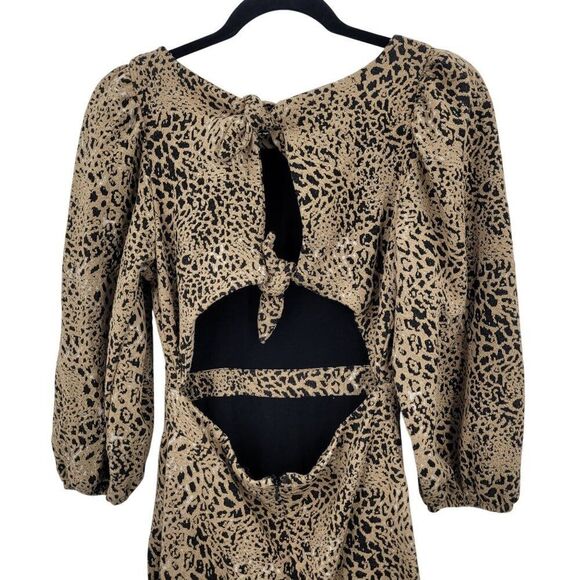 Anthropologie Leopard Cutout Back Mini Dress Sz 6 Puff Sleeves Ruffle Hem Knit - Picture 10 of 12